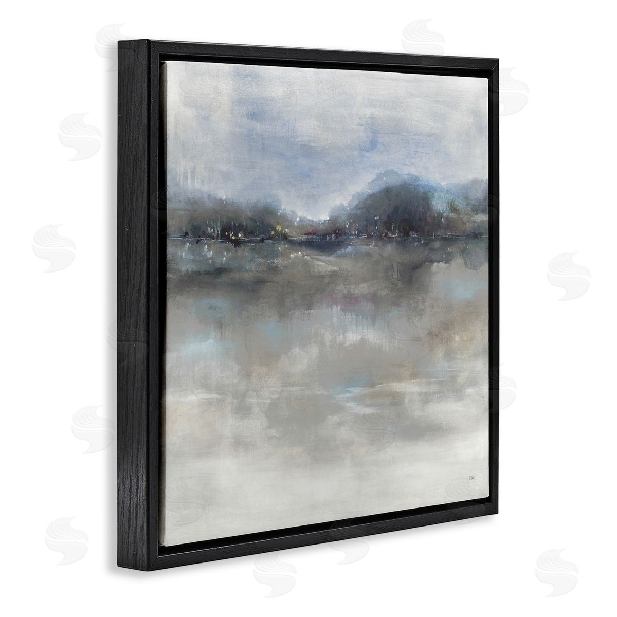 K. Nari Quiet Distant Landscape Misty Water Reflection  Black Floating Frame Canvas Wall Art Print