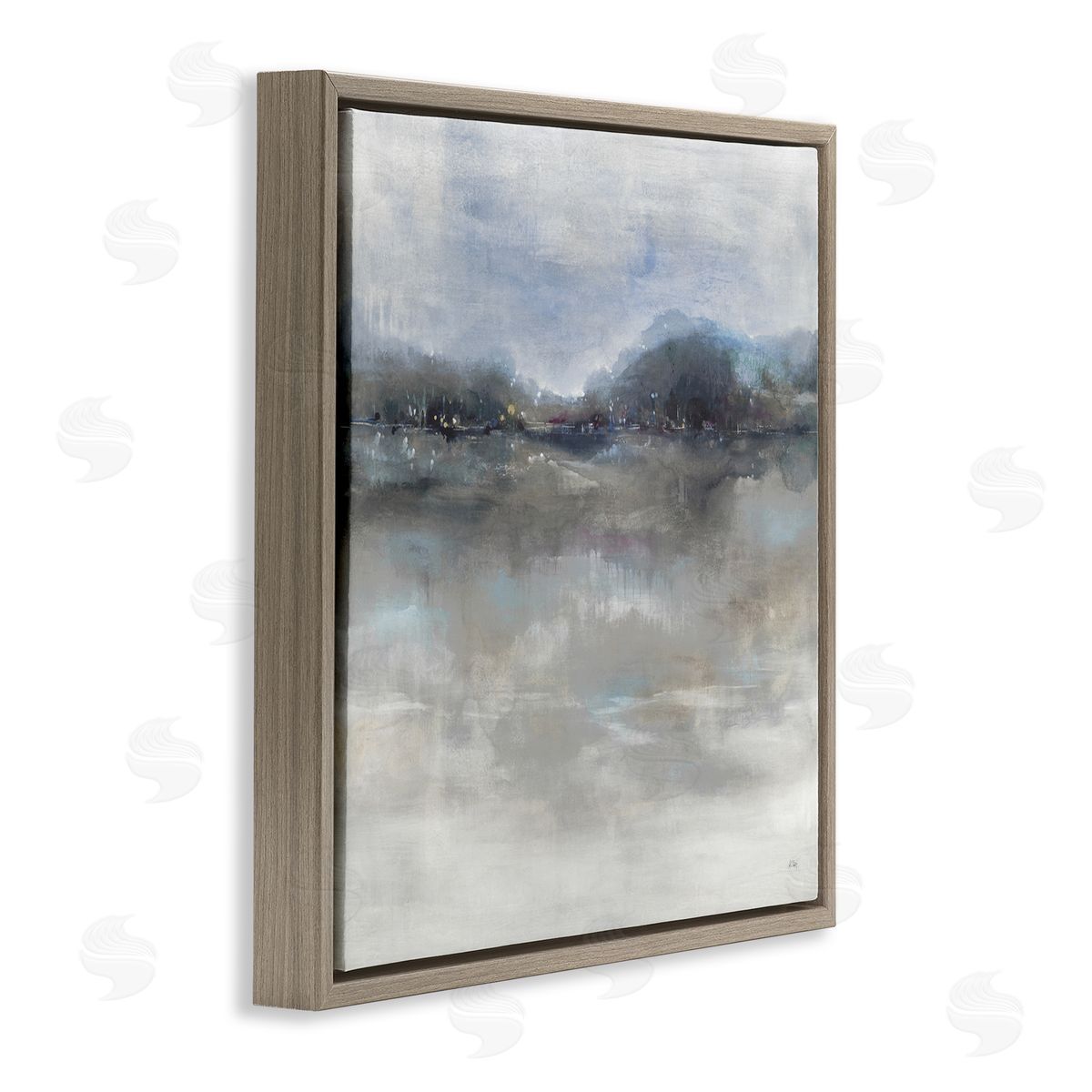 K. Nari Quiet Distant Landscape Misty Water Reflection  Brown Floating Frame Canvas Wall Art Print