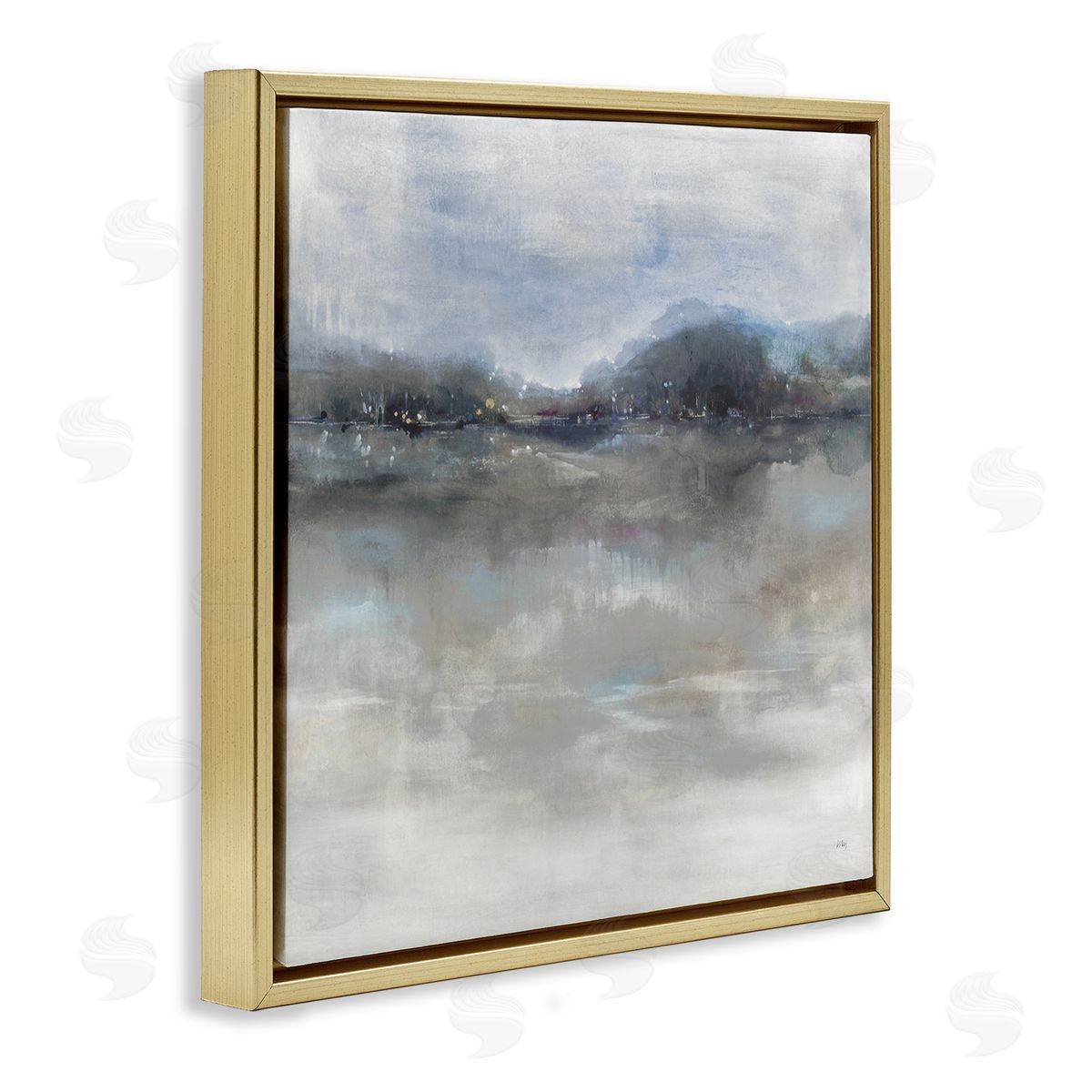 K. Nari Quiet Distant Landscape Misty Water Reflection  Gold Floating Frame Canvas Wall Art Print