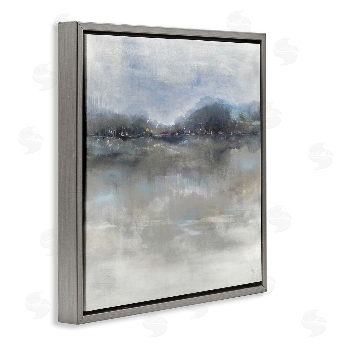 K. Nari Quiet Distant Landscape Misty Water Reflection  Gray Floating Frame Canvas Wall Art Print