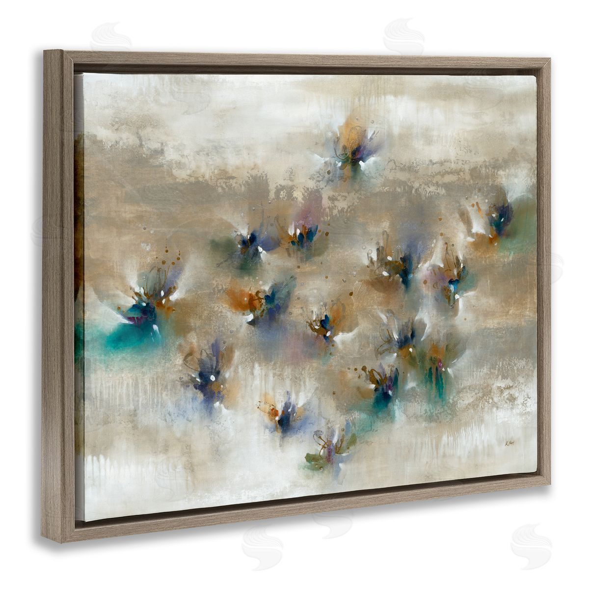 K. Nari Earthy Abstract Floral Petals Boho Paint Drip  Brown Floating Frame Canvas Wall Art Print