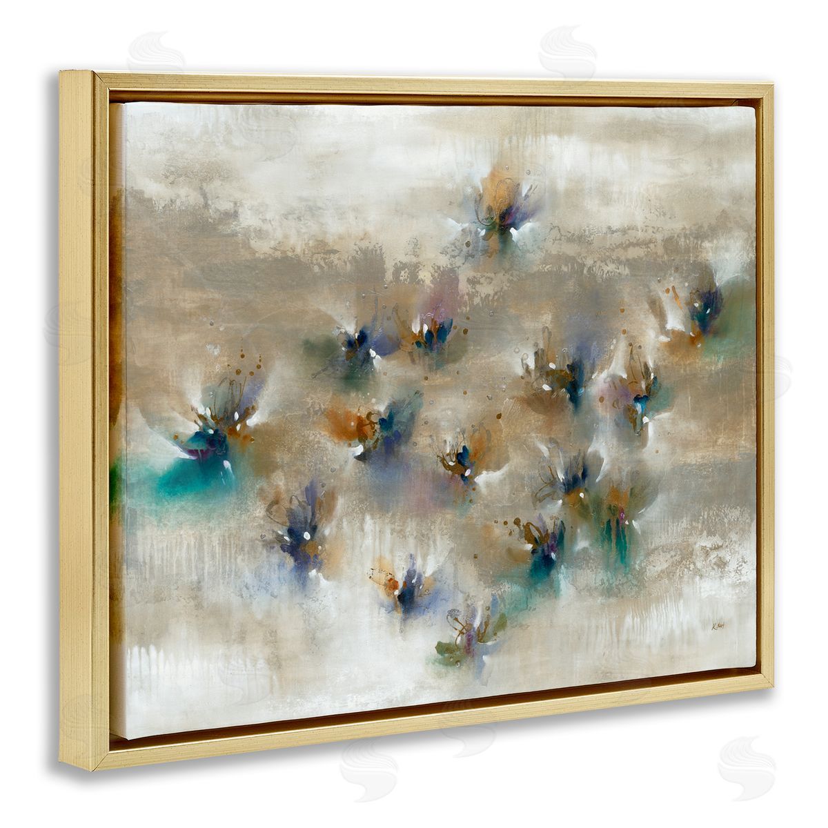 K. Nari Earthy Abstract Floral Petals Boho Paint Drip  Gold Floating Frame Canvas Wall Art Print
