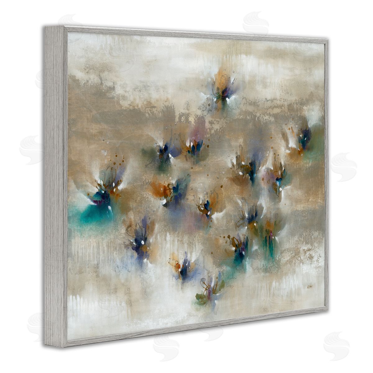 K. Nari Earthy Abstract Floral Petals Boho Paint Drip  Gray Framed Giclee Wall Art Print