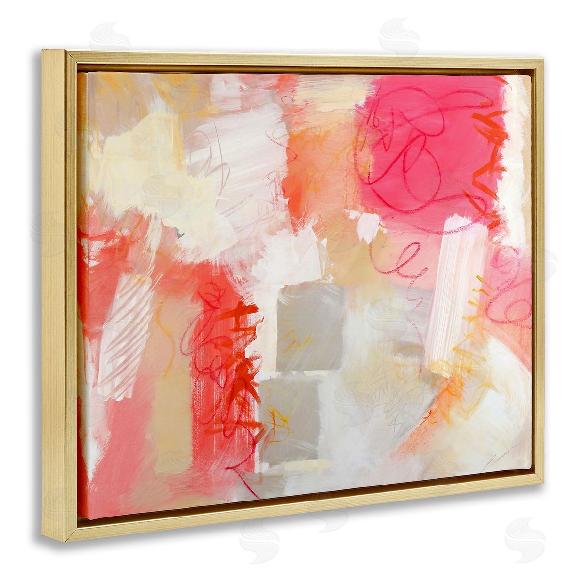 Beau Wild Vivid Pink Geometric Shapes Scribble Doodle Lines  Gold Floating Frame Canvas Wall Art Print