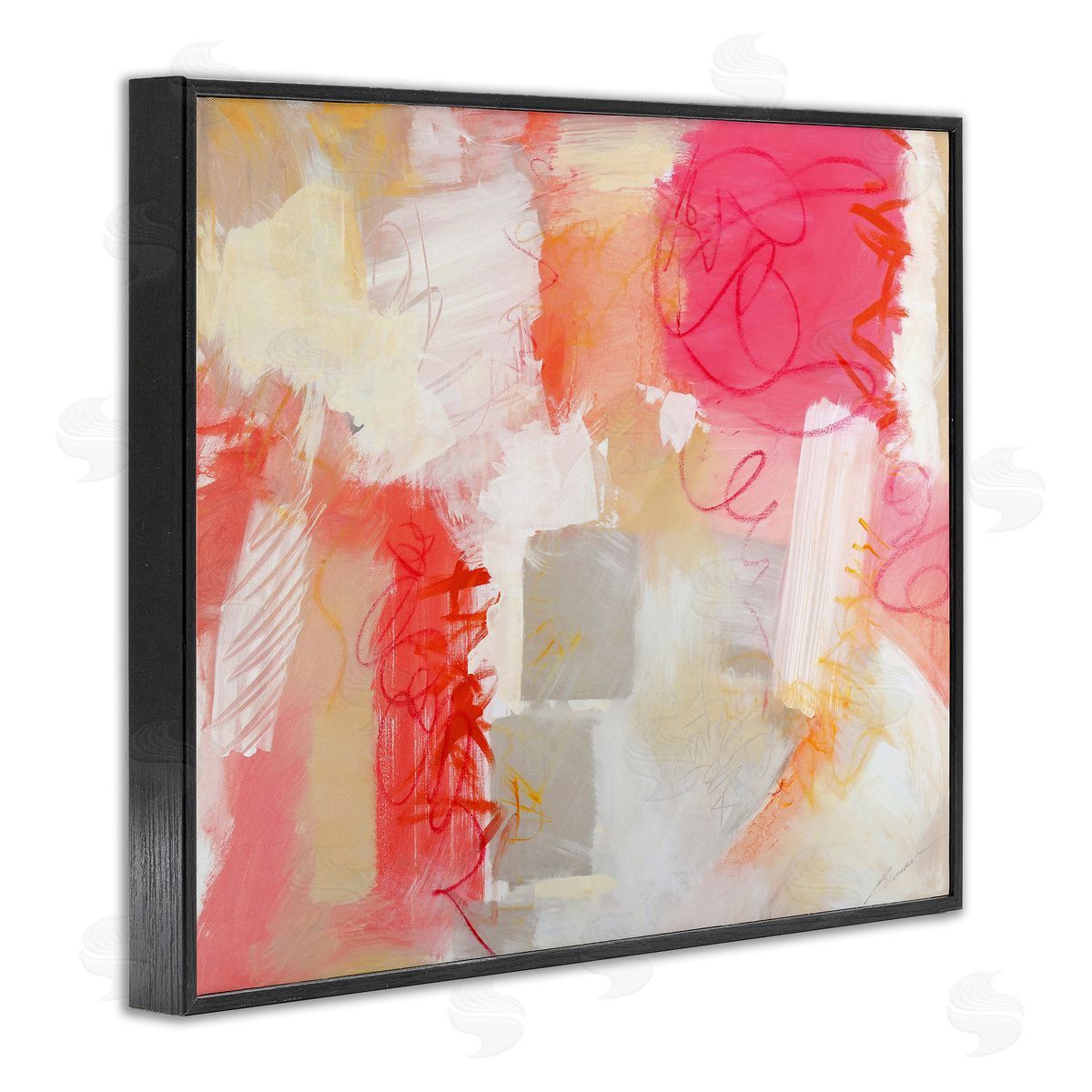 Beau Wild Vivid Pink Geometric Shapes Scribble Doodle Lines  Black Framed Giclee Wall Art Print
