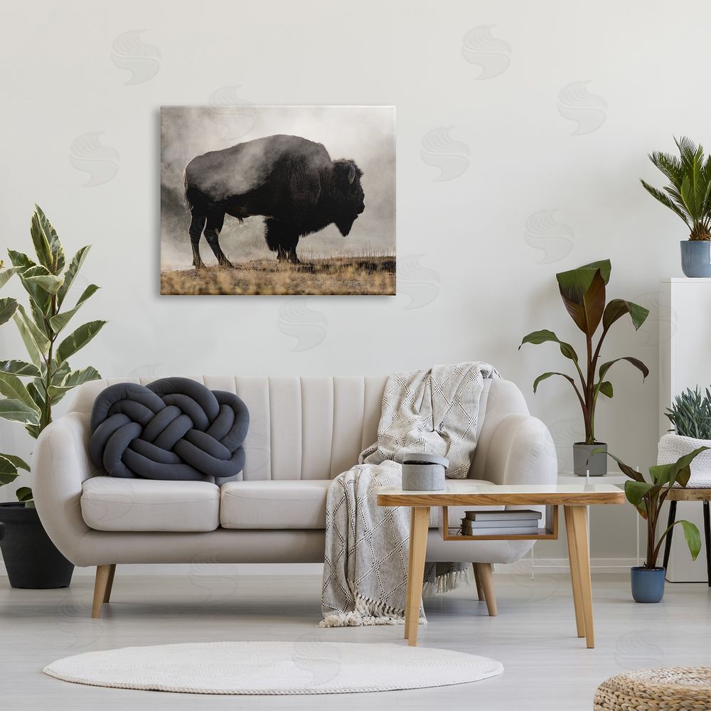 Danita Delimont Powerful Bison Grazing Foggy Rural Pasture Photography Canvas Wall Art Print in Room