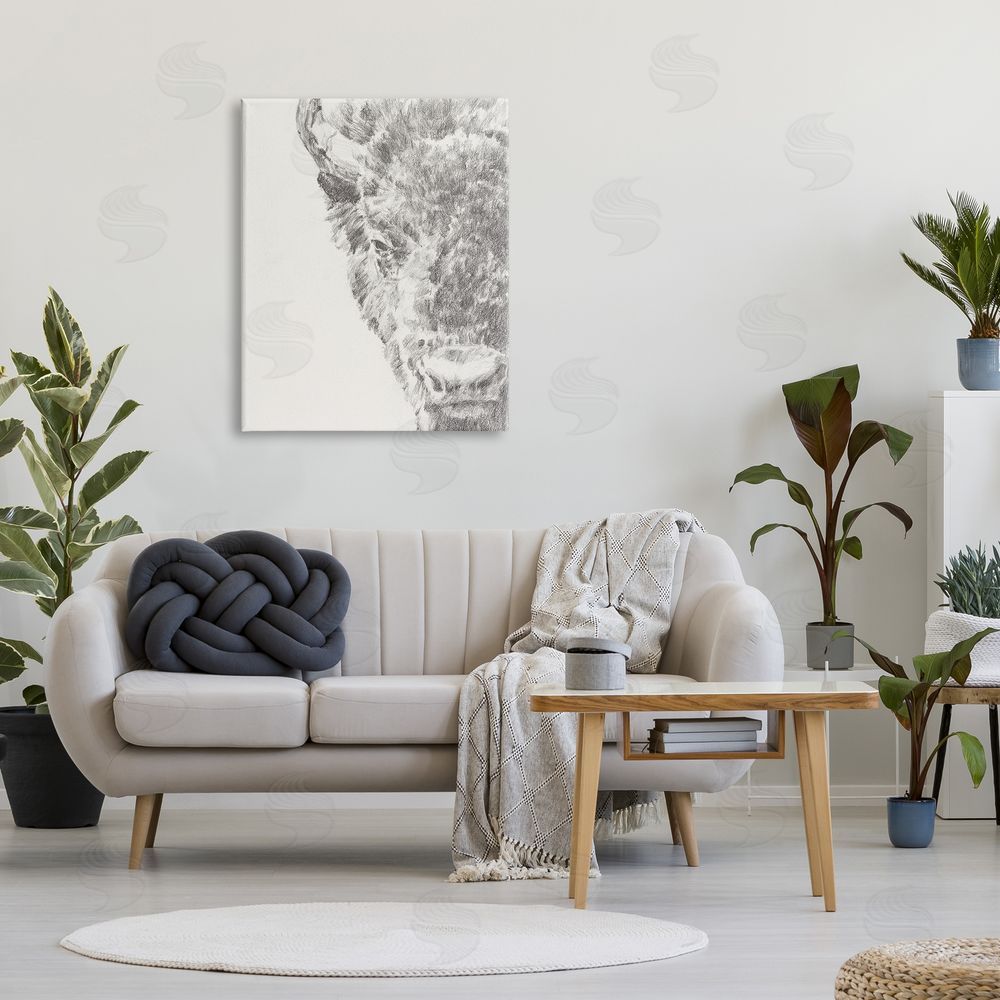 Ethan Harper Detailed Graphite Bison Rural Farm Drawing  Canvas Wall Art Print in Room