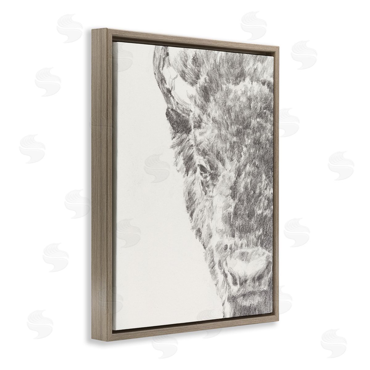 Ethan Harper Detailed Graphite Bison Rural Farm Drawing  Brown Floating Frame Canvas Wall Art Print