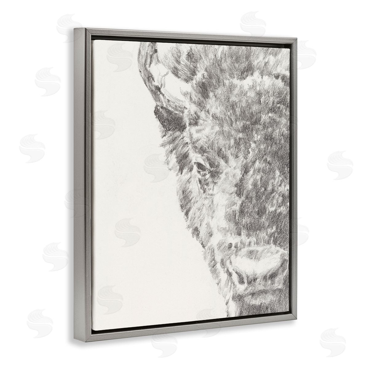 Ethan Harper Detailed Graphite Bison Rural Farm Drawing  Gray Floating Frame Canvas Wall Art Print