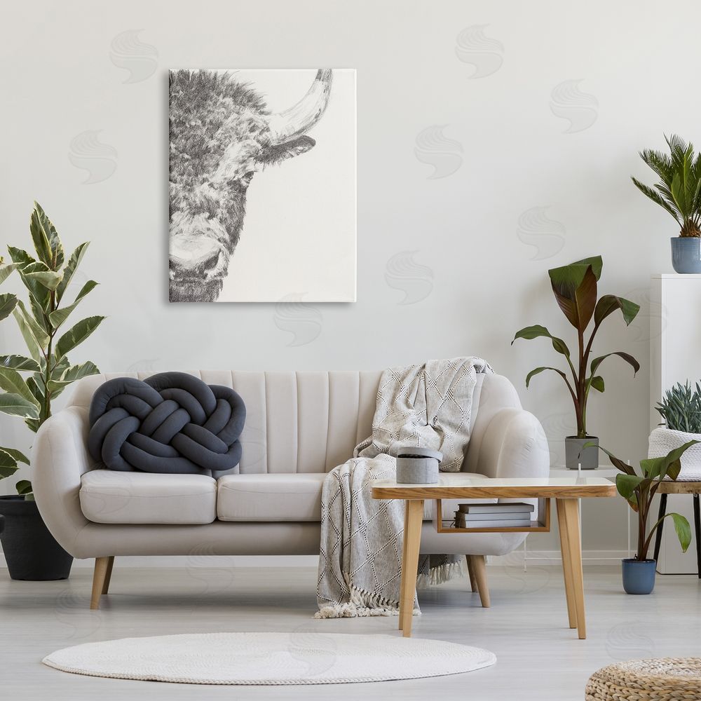 Ethan Harper Rural Bison Animal Drawing Detailed Graphite Wildlife Canvas Wall Art Print in Room