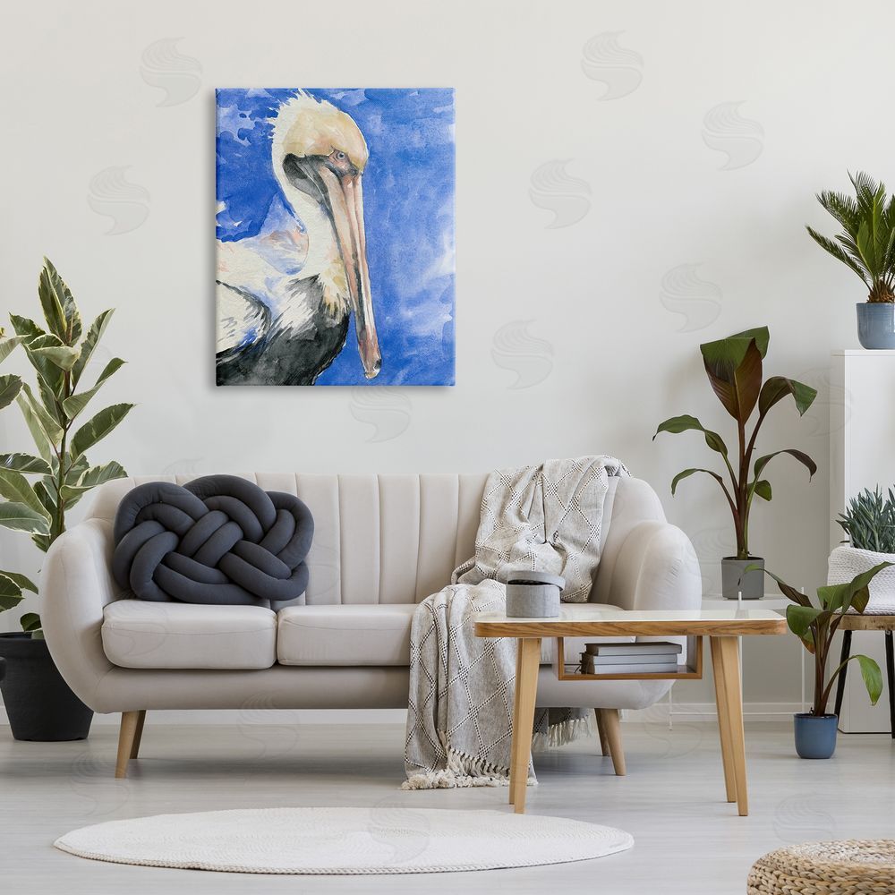 Jennifer Paxton Parker Elegant Pelican Bird Tucked Beak Bold Blue Painting Canvas Wall Art Print in Room