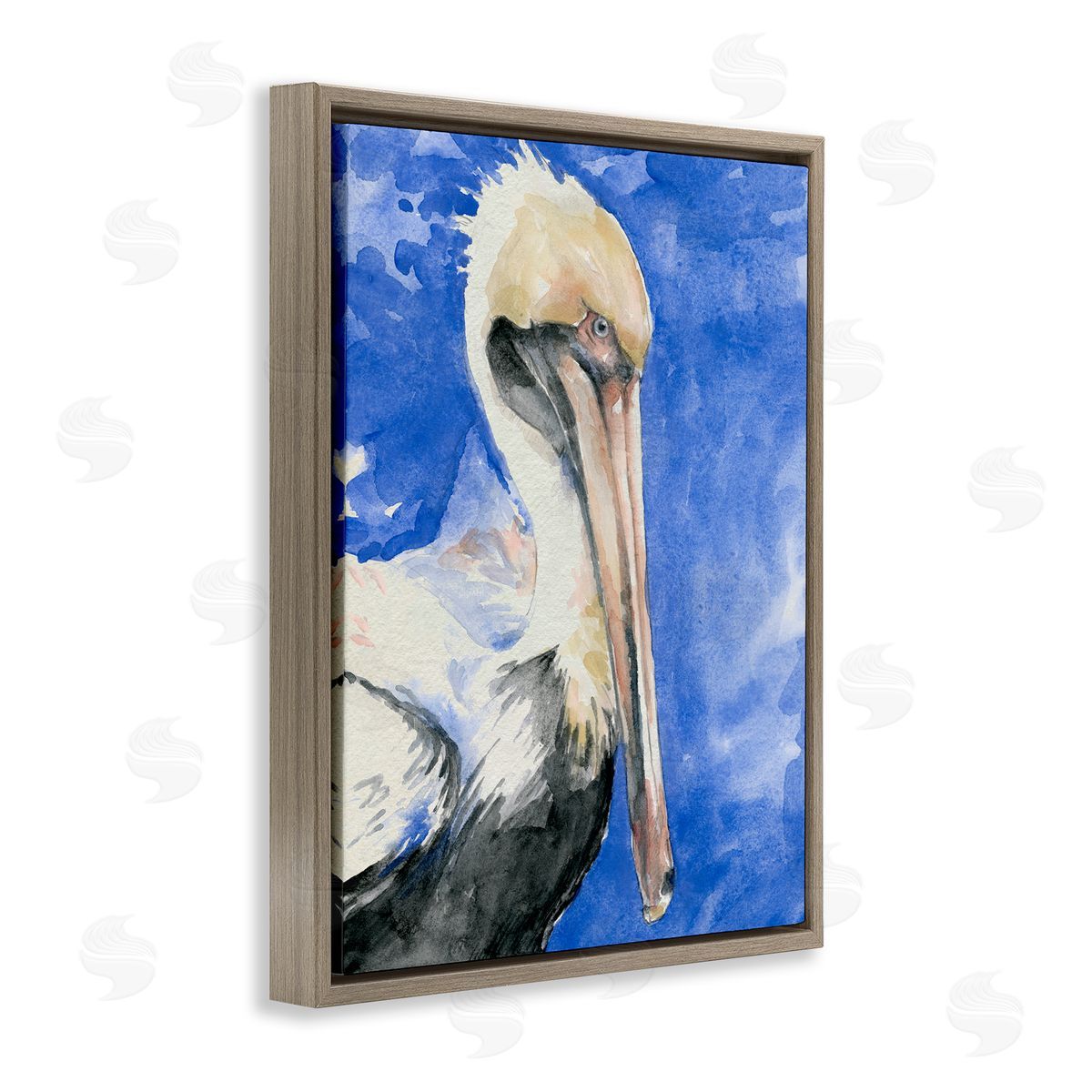Jennifer Paxton Parker Elegant Pelican Bird Tucked Beak Bold Blue Painting Brown Floating Frame Canvas Wall Art Print