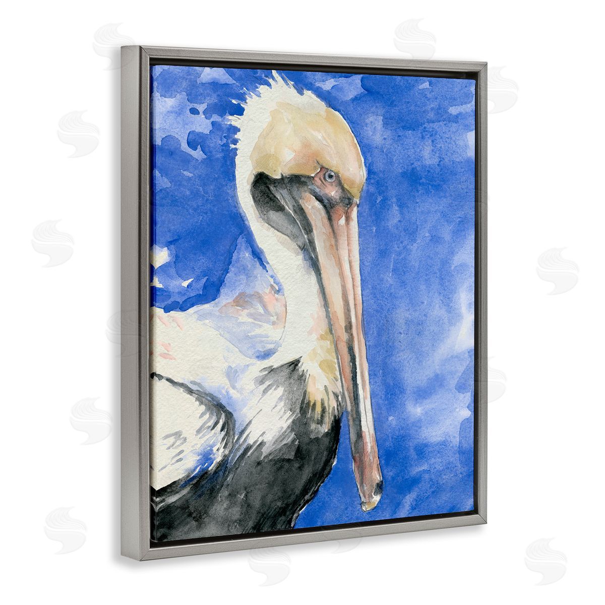 Jennifer Paxton Parker Elegant Pelican Bird Tucked Beak Bold Blue Painting Gray Floating Frame Canvas Wall Art Print