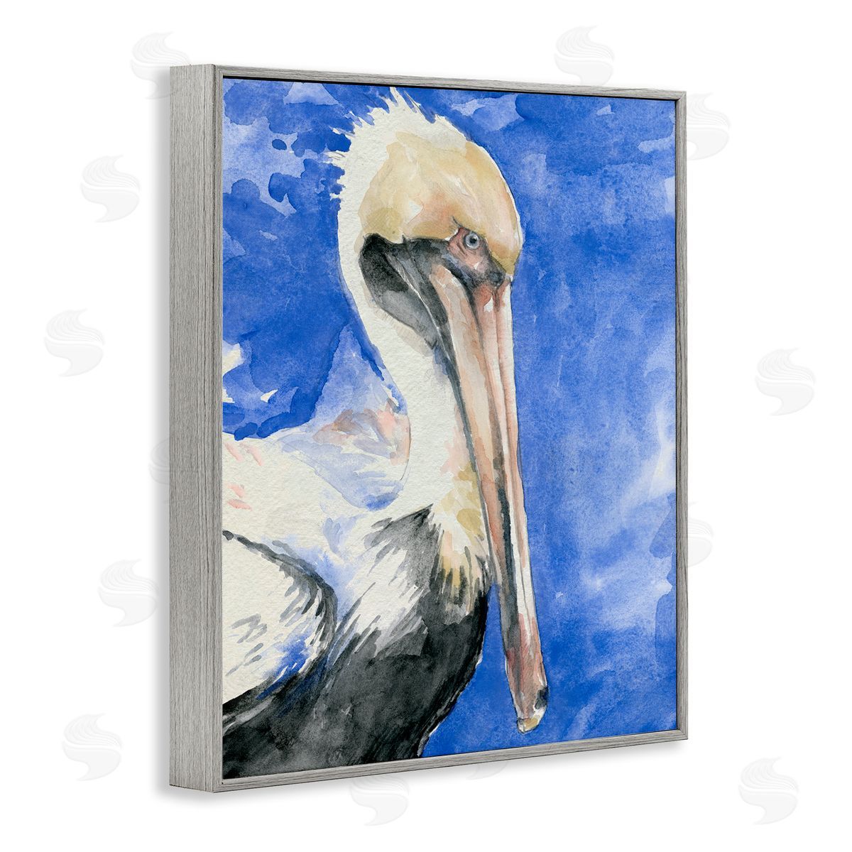 Jennifer Paxton Parker Elegant Pelican Bird Tucked Beak Bold Blue Painting Gray Framed Giclee Wall Art Print