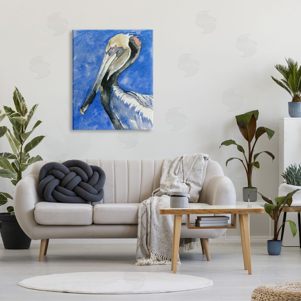 Jennifer Paxton Parker Vivid Pelican Wildlife Bird Blue Watercolor Detail  Canvas Wall Art Print in Room