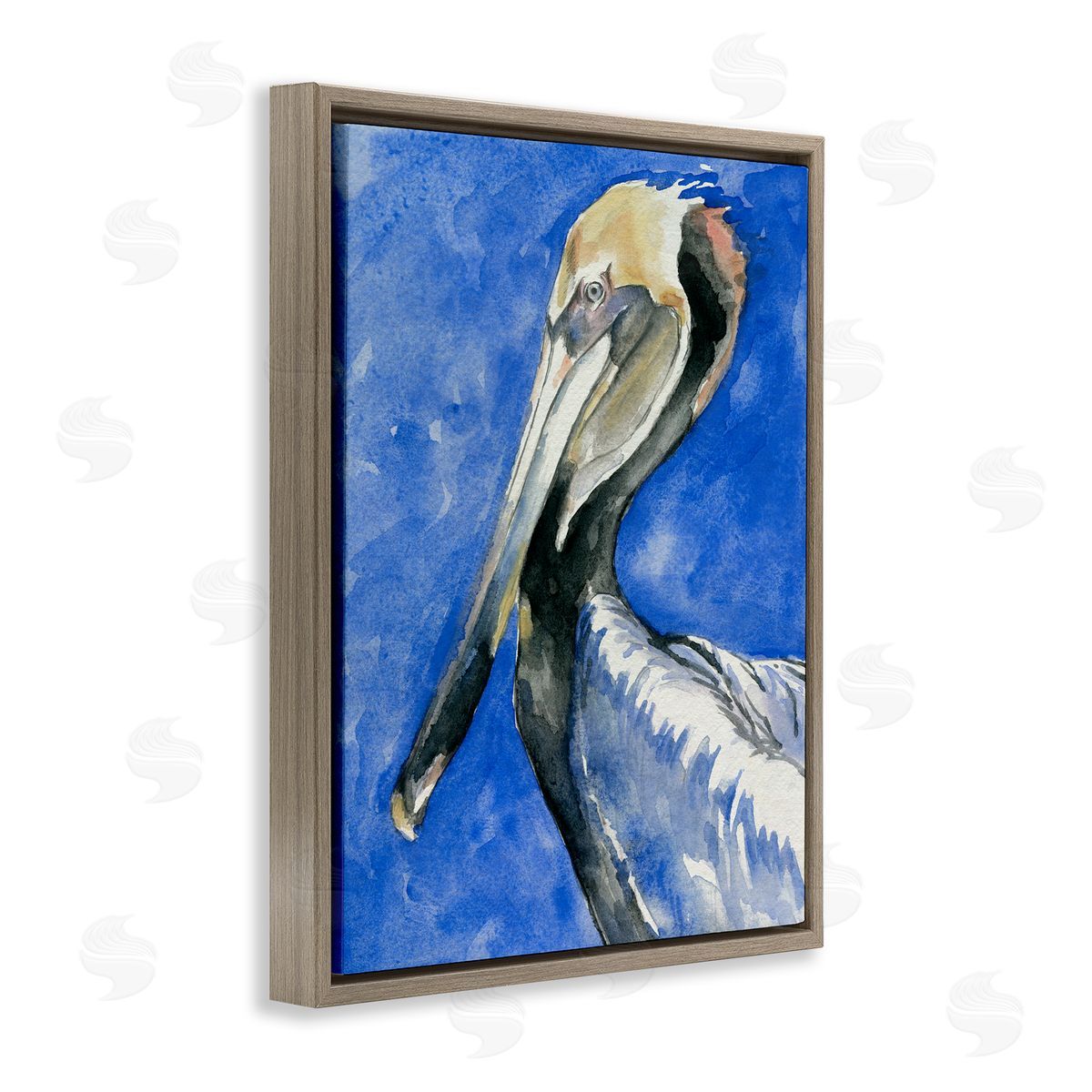 Jennifer Paxton Parker Vivid Pelican Wildlife Bird Blue Watercolor Detail  Brown Floating Frame Canvas Wall Art Print