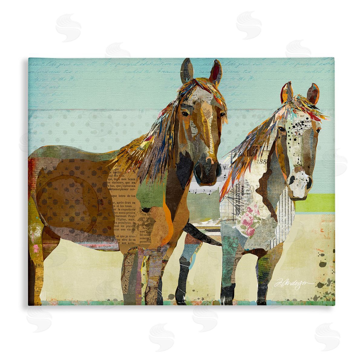 Traci Anderson Wild Farm Horses Layered Newsprint Arrangement Stretched Canvas Wall Art Print