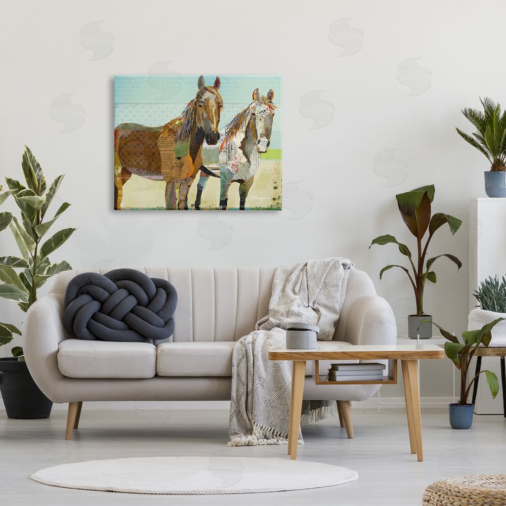 Traci Anderson Wild Farm Horses Layered Newsprint Arrangement Canvas Wall Art Print in Room