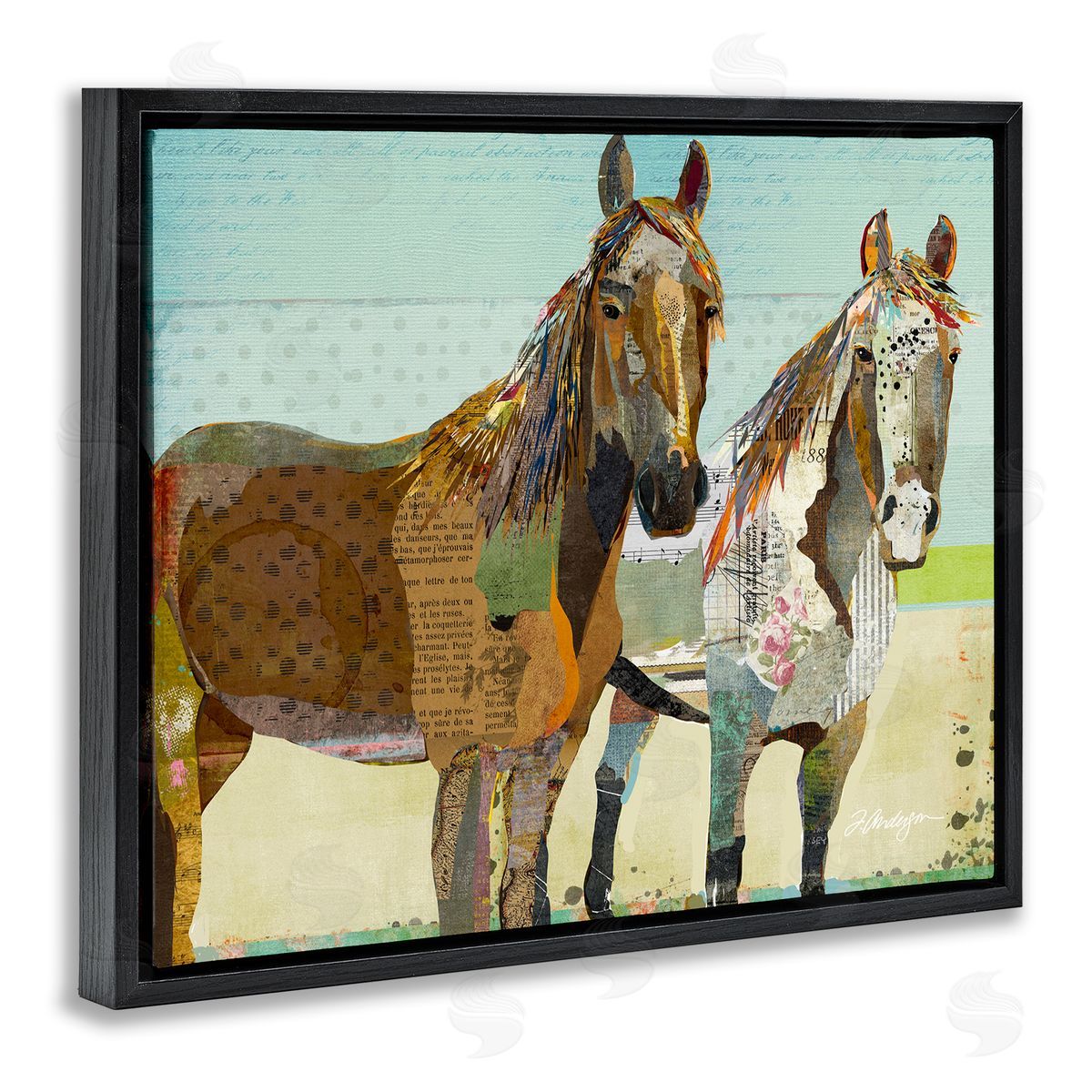 Traci Anderson Wild Farm Horses Layered Newsprint Arrangement Black Floating Frame Canvas Wall Art Print
