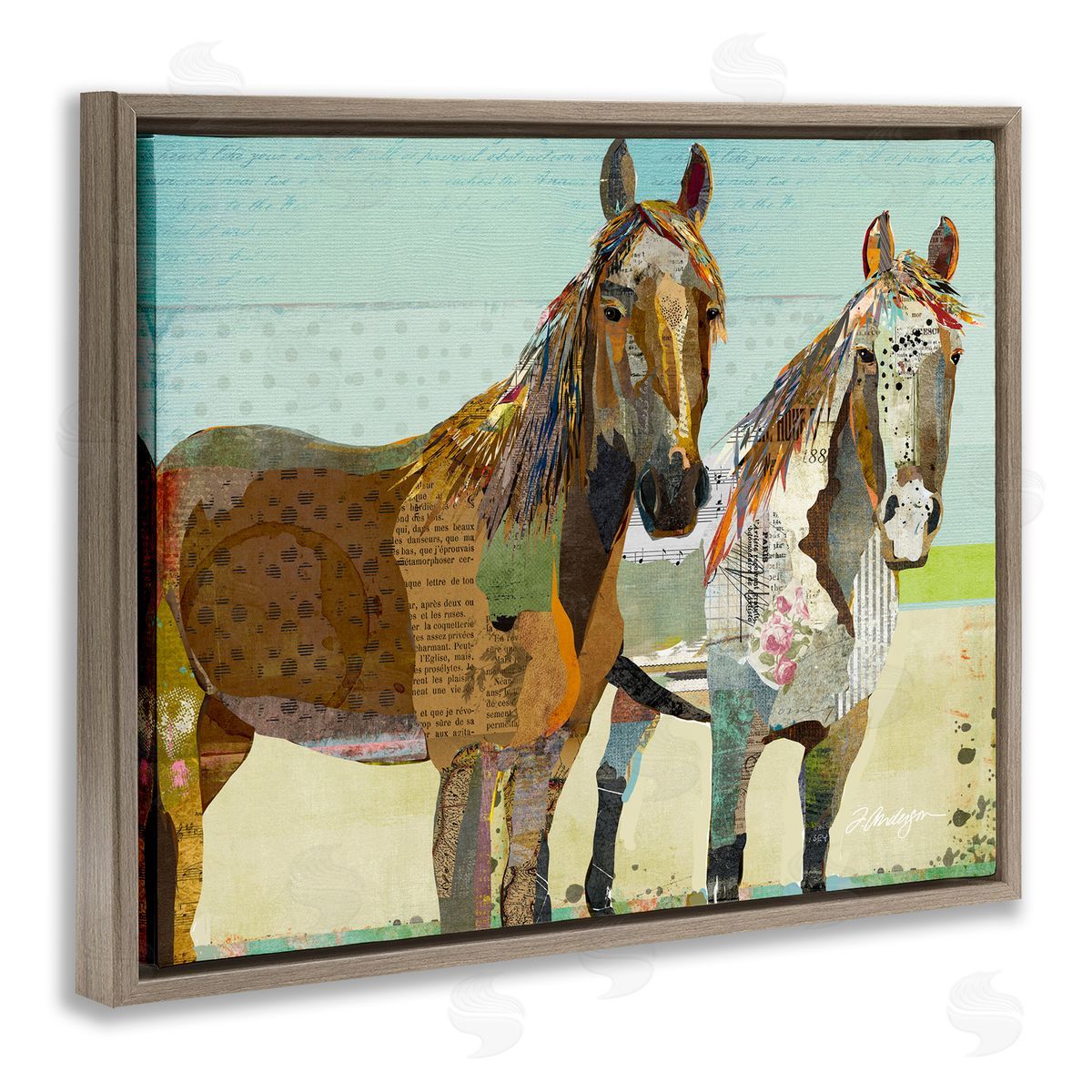 Traci Anderson Wild Farm Horses Layered Newsprint Arrangement Brown Floating Frame Canvas Wall Art Print