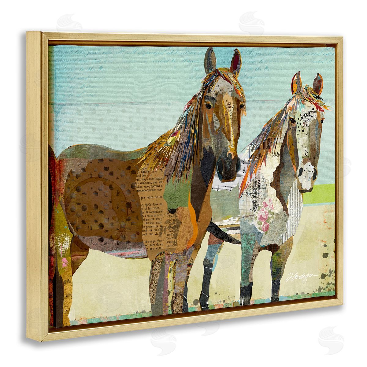 Traci Anderson Wild Farm Horses Layered Newsprint Arrangement Gold Floating Frame Canvas Wall Art Print
