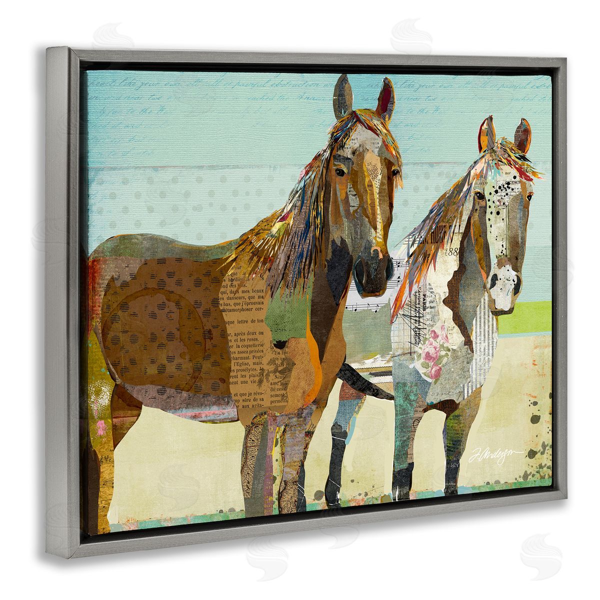 Traci Anderson Wild Farm Horses Layered Newsprint Arrangement Gray Floating Frame Canvas Wall Art Print