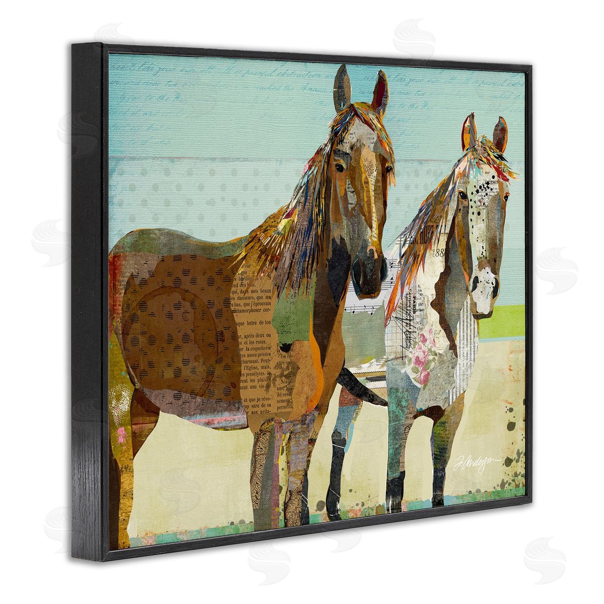 Traci Anderson Wild Farm Horses Layered Newsprint Arrangement Black Framed Giclee Wall Art Print
