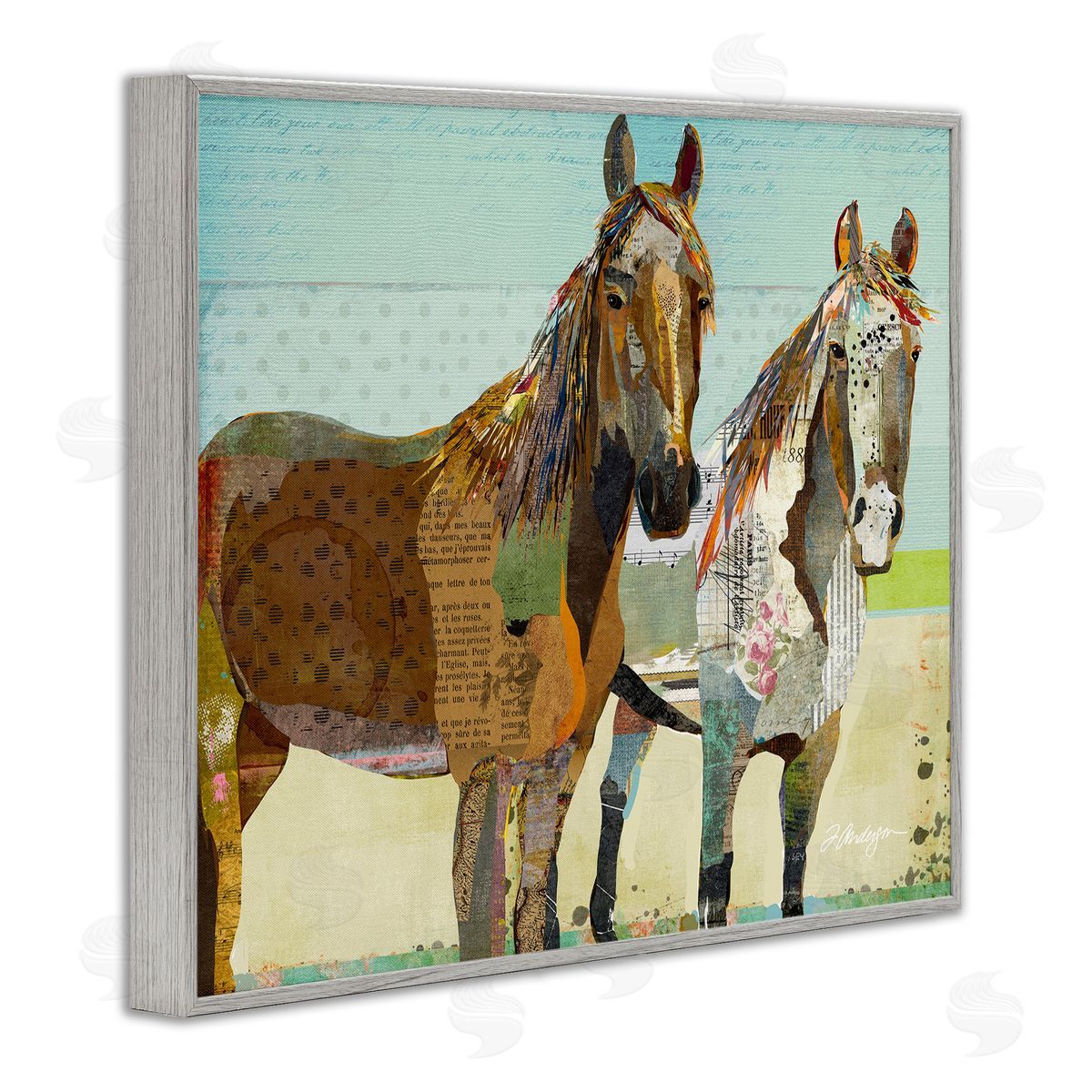 Traci Anderson Wild Farm Horses Layered Newsprint Arrangement Gray Framed Giclee Wall Art Print