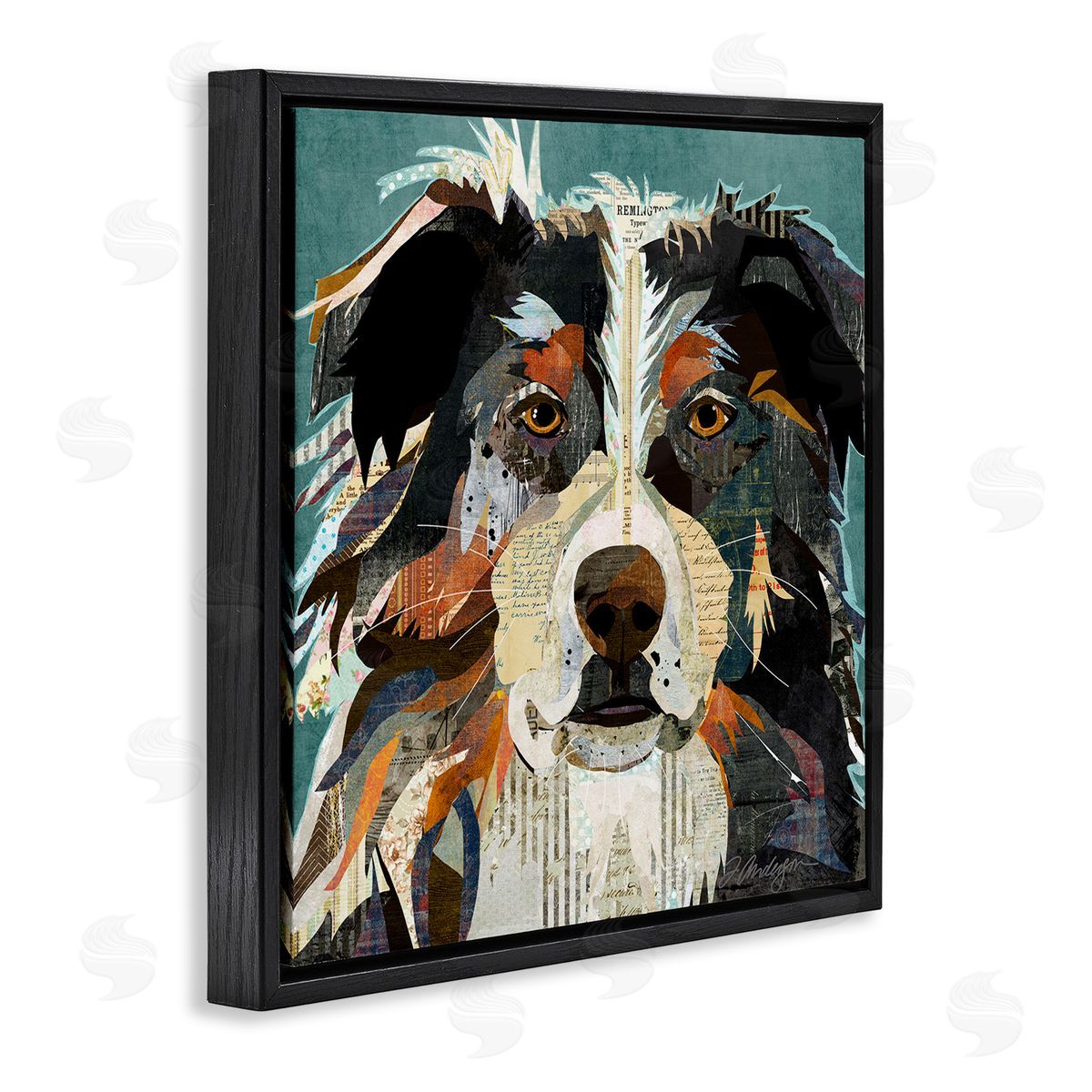 Traci Anderson Fluffy Dog Portrait Modern Script Collage Overlay Black Floating Frame Canvas Wall Art Print