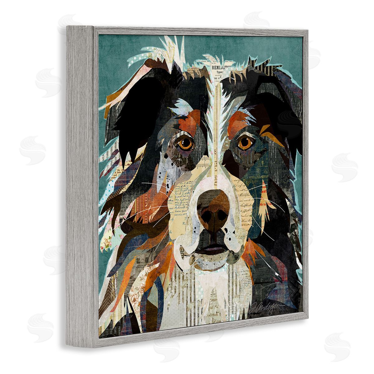 Traci Anderson Fluffy Dog Portrait Modern Script Collage Overlay Gray Framed Glicee Wall Art Print