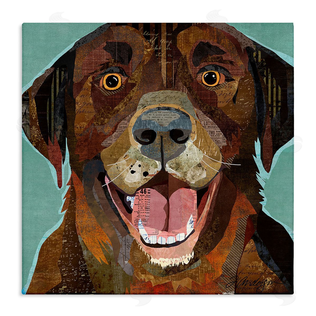 Traci Anderson Collaged Ephemera Dog Portrait Painting Brown Labrador   Stretched Canvas Wall Art Print
