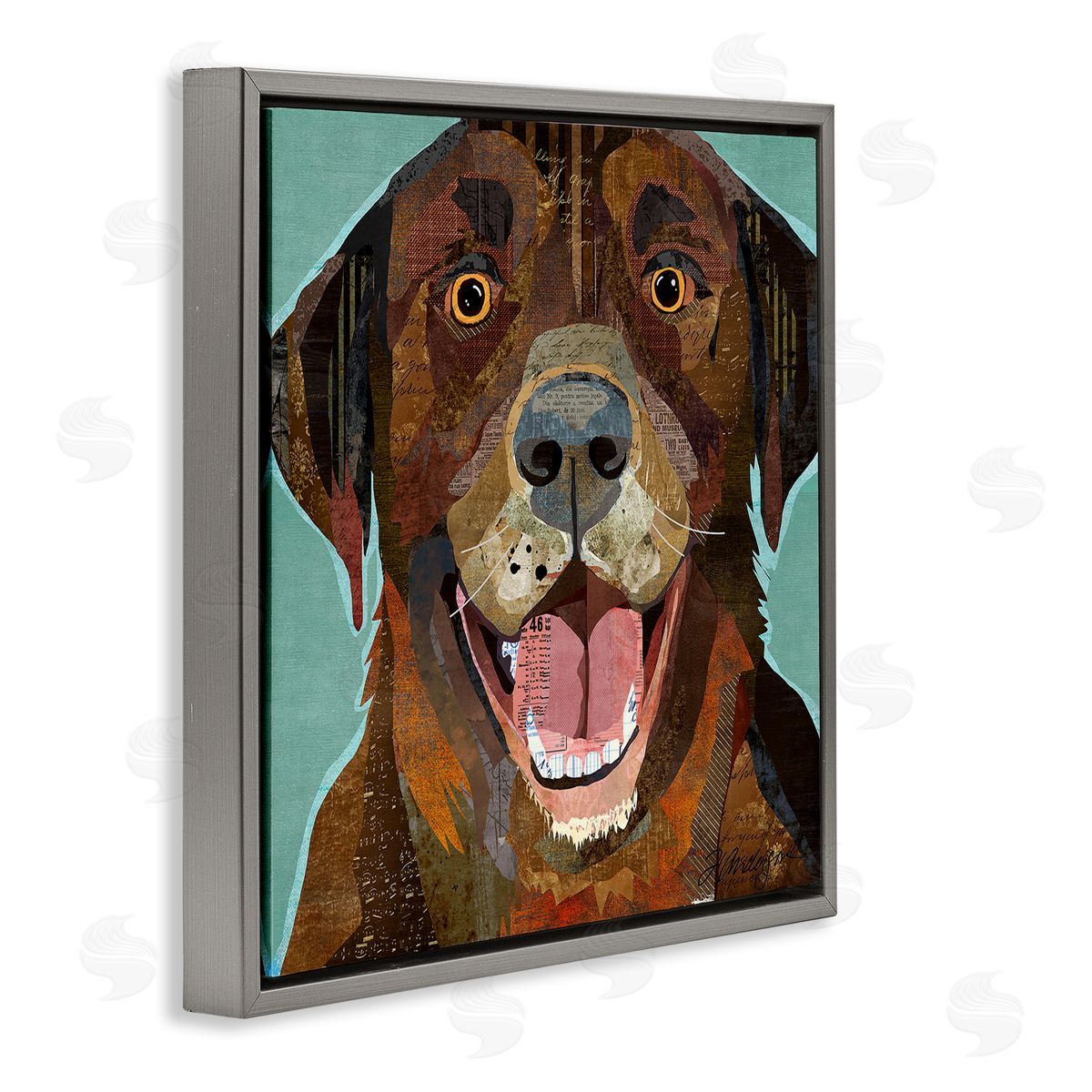 Traci Anderson Collaged Ephemera Dog Portrait Painting Brown Labrador   Gray Floating Frame Canvas Wall Art Print