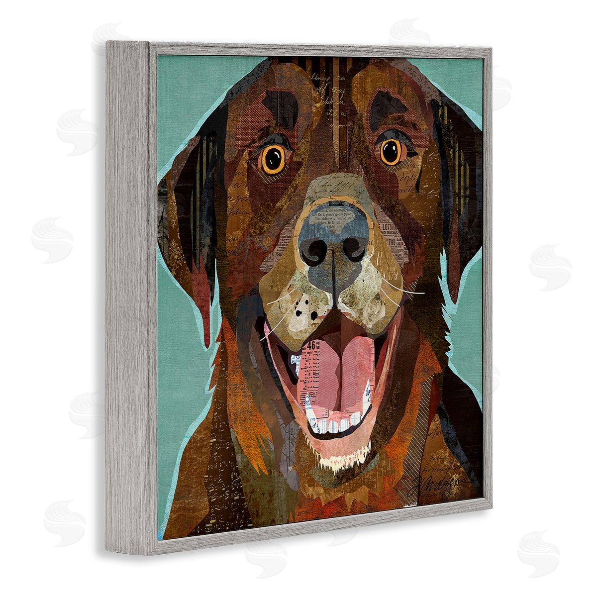 Traci Anderson Collaged Ephemera Dog Portrait Painting Brown Labrador   Gray Framed Glicee Wall Art Print