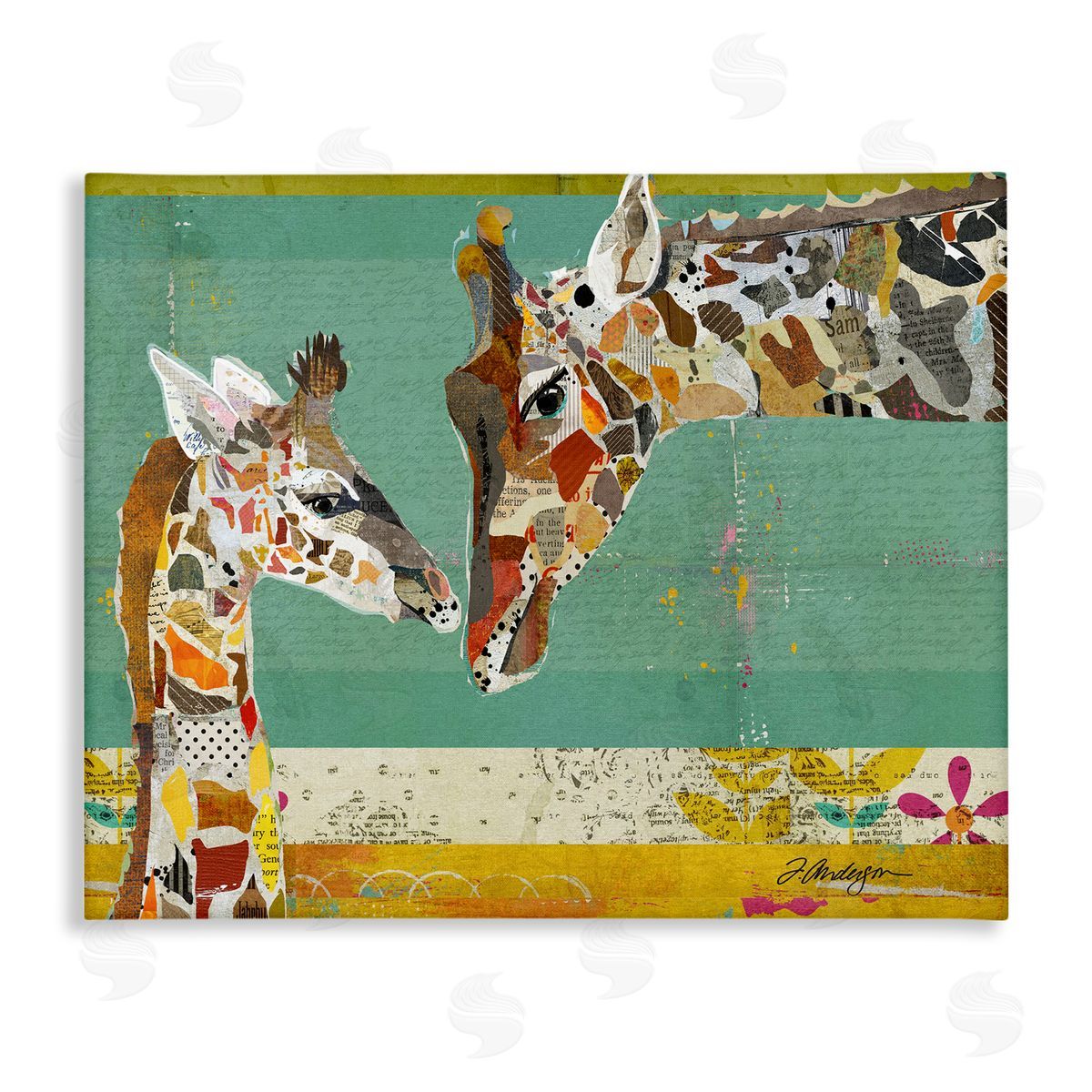 Traci Anderson Endearing Giraffe Family Layered Wildlife Animal  Stretched Canvas Wall Art Print