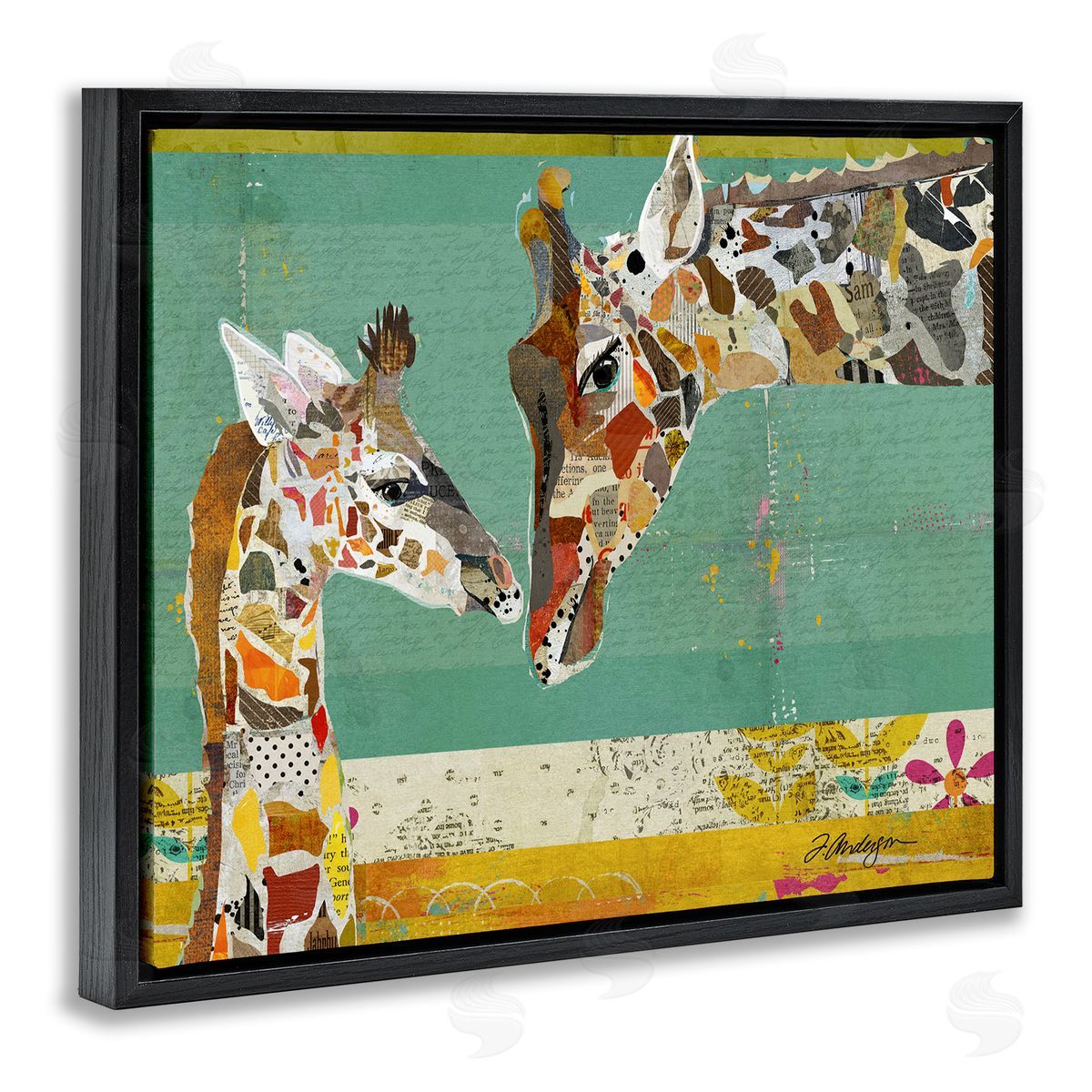 Traci Anderson Endearing Giraffe Family Layered Wildlife Animal  Black Floating Frame Canvas Wall Art Print