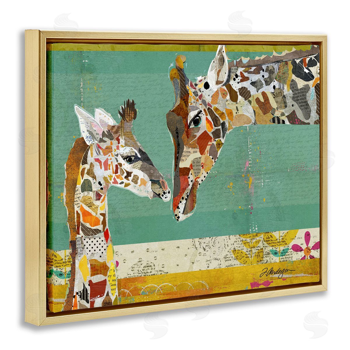 Traci Anderson Endearing Giraffe Family Layered Wildlife Animal  Gold Floating Frame Canvas Wall Art Print