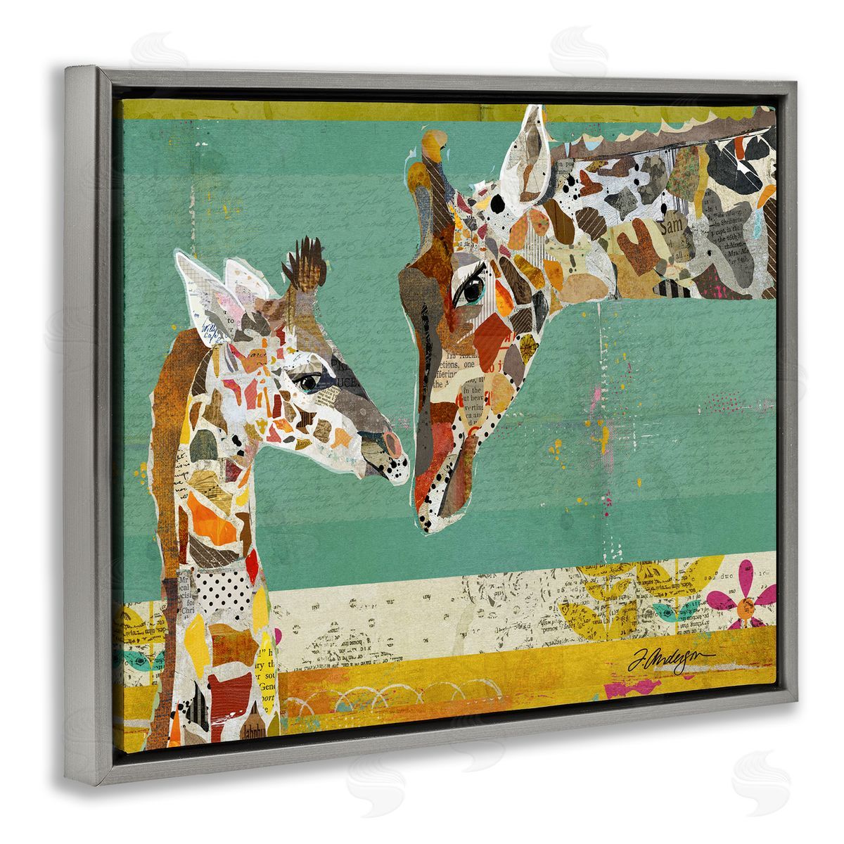 Traci Anderson Endearing Giraffe Family Layered Wildlife Animal  Gray Floating Frame Canvas Wall Art Print