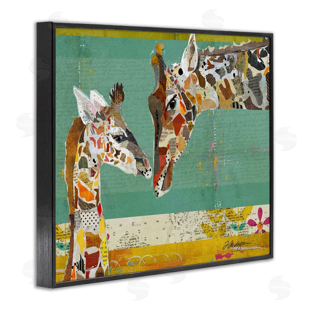 Traci Anderson Endearing Giraffe Family Layered Wildlife Animal  Black Framed Giclee Wall Art Print