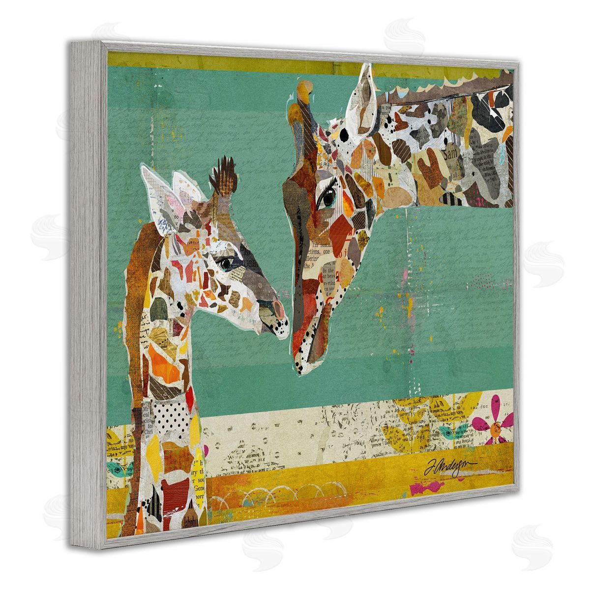 Traci Anderson Endearing Giraffe Family Layered Wildlife Animal  Gray Framed Giclee Wall Art Print
