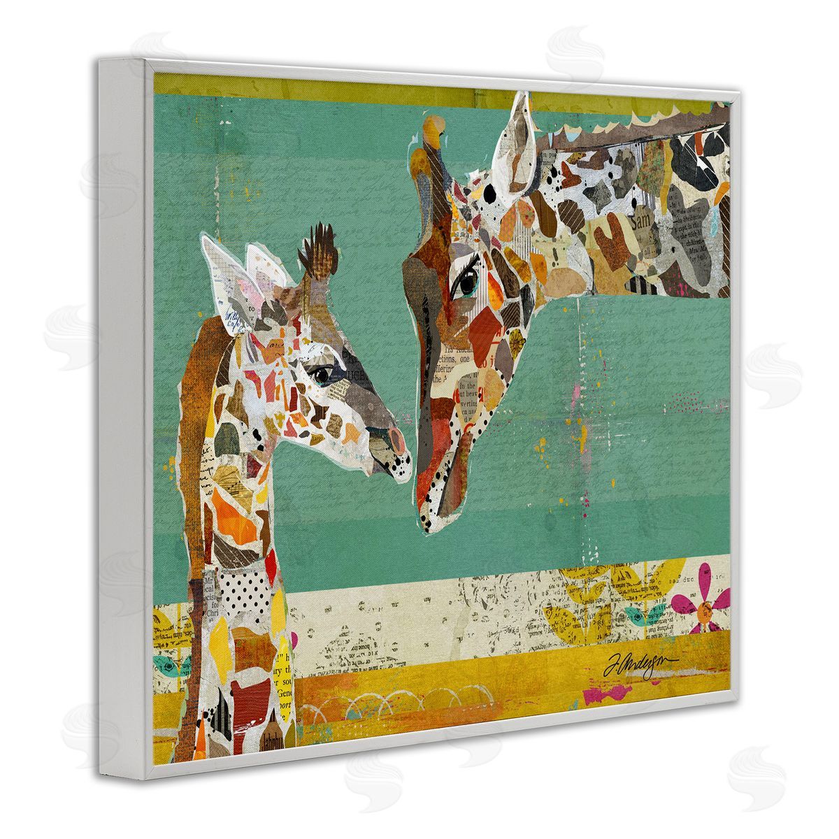 Traci Anderson Endearing Giraffe Family Layered Wildlife Animal  White Framed Giclee Wall Art Print