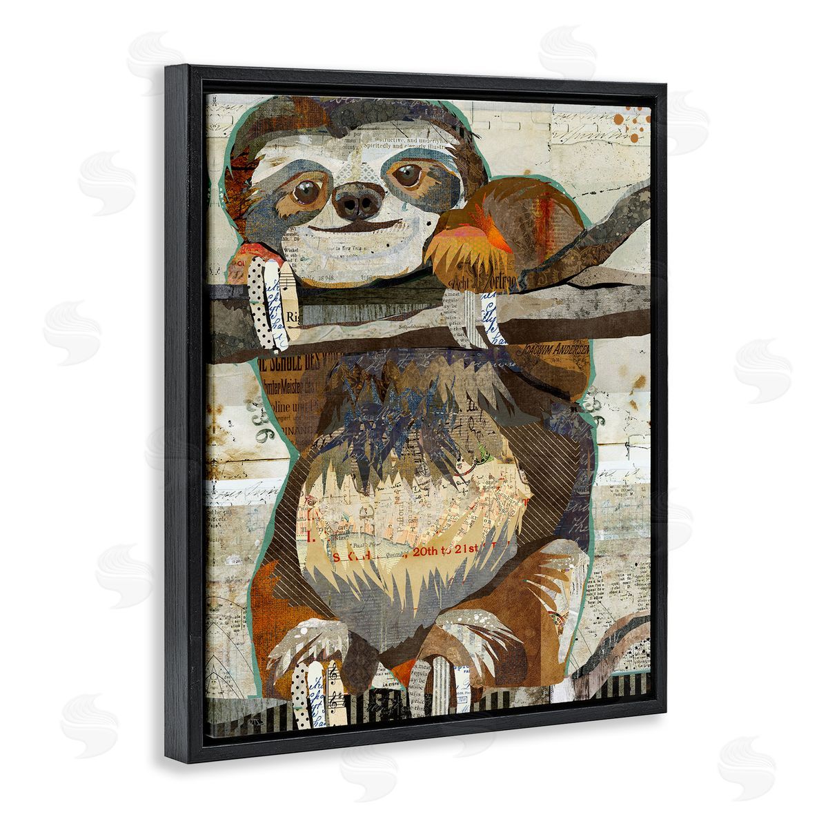 Traci Anderson Smiling Sloth Patchwork Jungle Animal Portrait Black Floating Frame Canvas Wall Art Print
