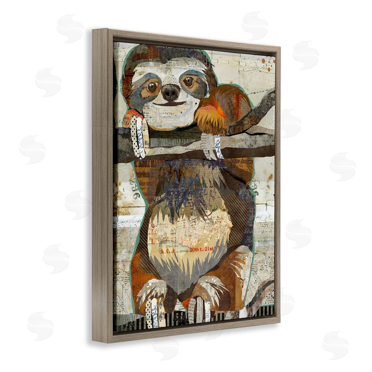 Traci Anderson Smiling Sloth Patchwork Jungle Animal Portrait Brown Floating Frame Canvas Wall Art Print