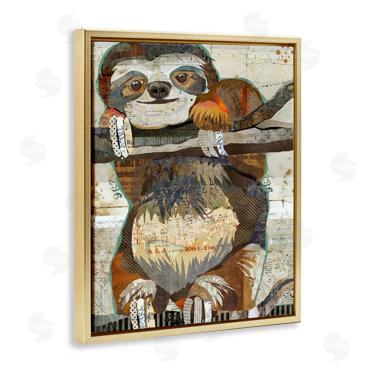 Traci Anderson Smiling Sloth Patchwork Jungle Animal Portrait Gold Floating Frame Canvas Wall Art Print