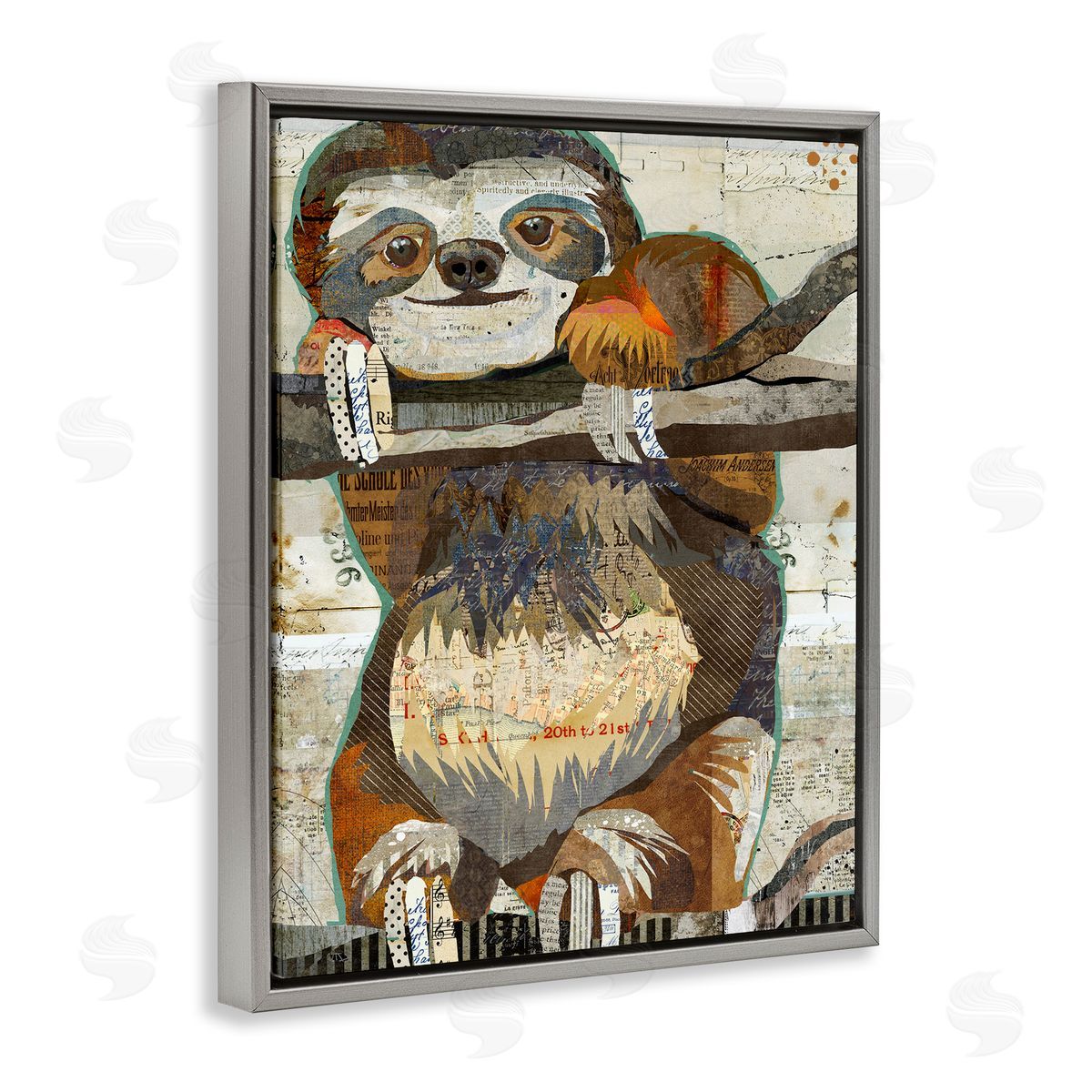 Traci Anderson Smiling Sloth Patchwork Jungle Animal Portrait Gray Floating Frame Canvas Wall Art Print