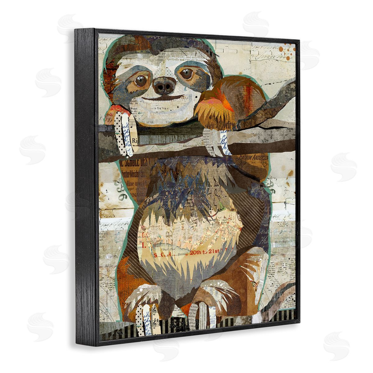 Traci Anderson Smiling Sloth Patchwork Jungle Animal Portrait Black Framed Giclee Wall Art Print