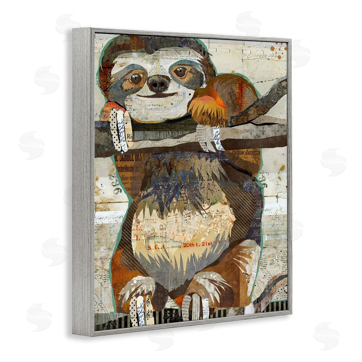 Traci Anderson Smiling Sloth Patchwork Jungle Animal Portrait Gray Framed Giclee Wall Art Print