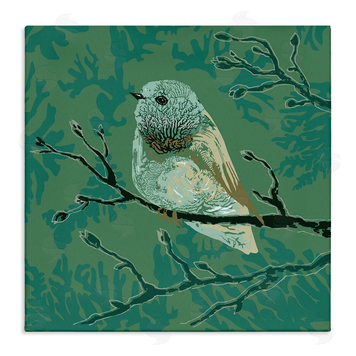 Verbrugge Watercolor Green Bird Perched Abstract Botanical Sprigs Detail Stretched Canvas Wall Art Print