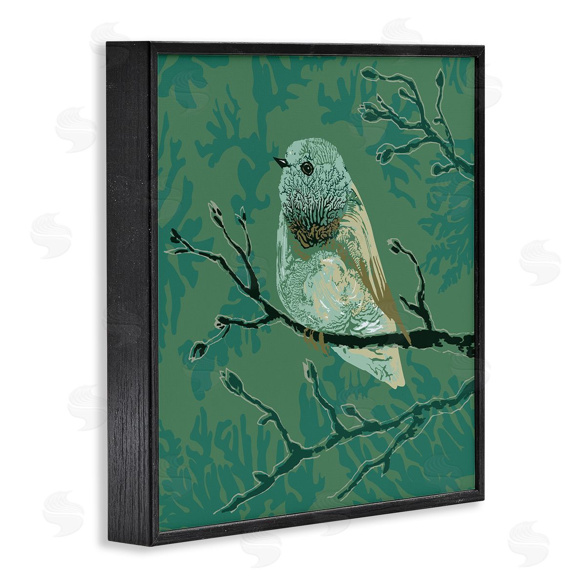 Verbrugge Watercolor Green Bird Perched Abstract Botanical Sprigs Detail Black Framed Glicee Wall Art Print