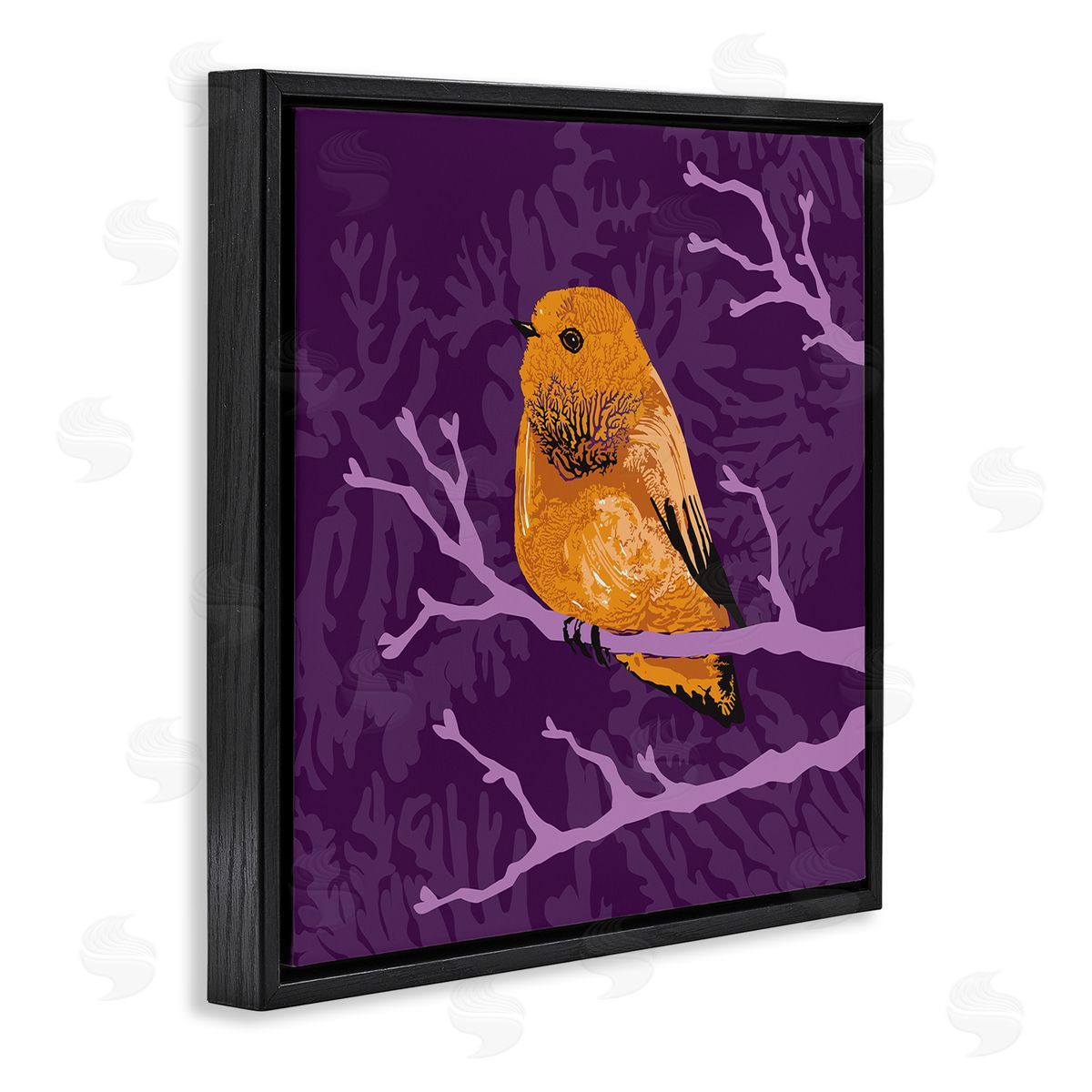Verbrugge Watercolor Bold Orange Bird Sitting Purple Branches Layered Botanicals Black Floating Frame Canvas Wall Art Print