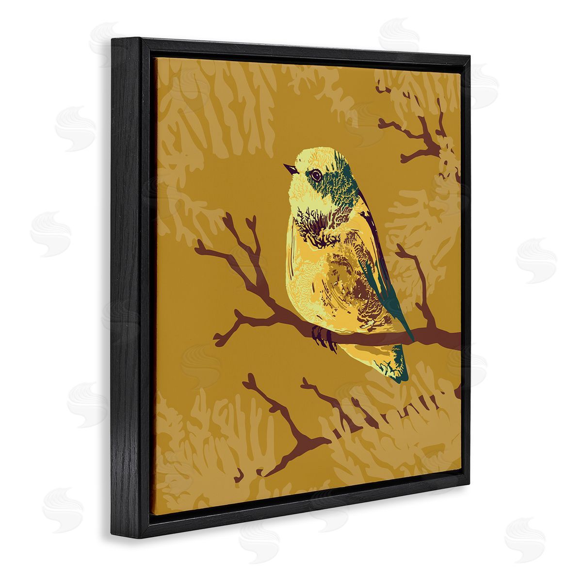 Verbrugge Watercolor Small Yellow Bird Perched Wildlife Animal Portrait Black Floating Frame Canvas Wall Art Print